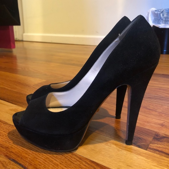 Prada Shoes - Prada Suede Platform Peep Toe Heels